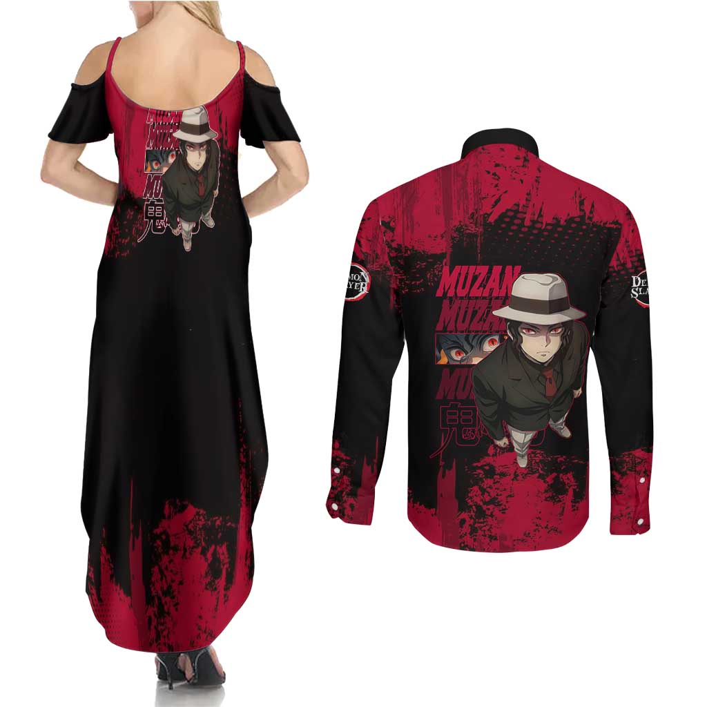 Muzan Kibutsuji Demon Slayer Red Grunge Design Couples Matching Summer Maxi Dress and Long Sleeve Button Shirt with Intense Eyes and Hat Outfit Pose - The Mazicc
