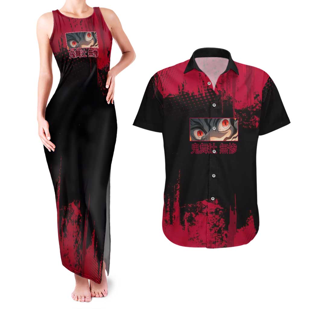 Muzan Kibutsuji Demon Slayer Red Grunge Design Couples Matching Tank Maxi Dress and Hawaiian Shirt with Intense Eyes and Hat Outfit Pose - The Mazicc