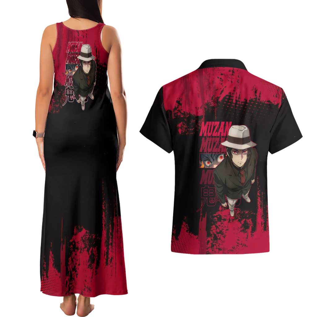 Muzan Kibutsuji Demon Slayer Red Grunge Design Couples Matching Tank Maxi Dress and Hawaiian Shirt with Intense Eyes and Hat Outfit Pose - The Mazicc