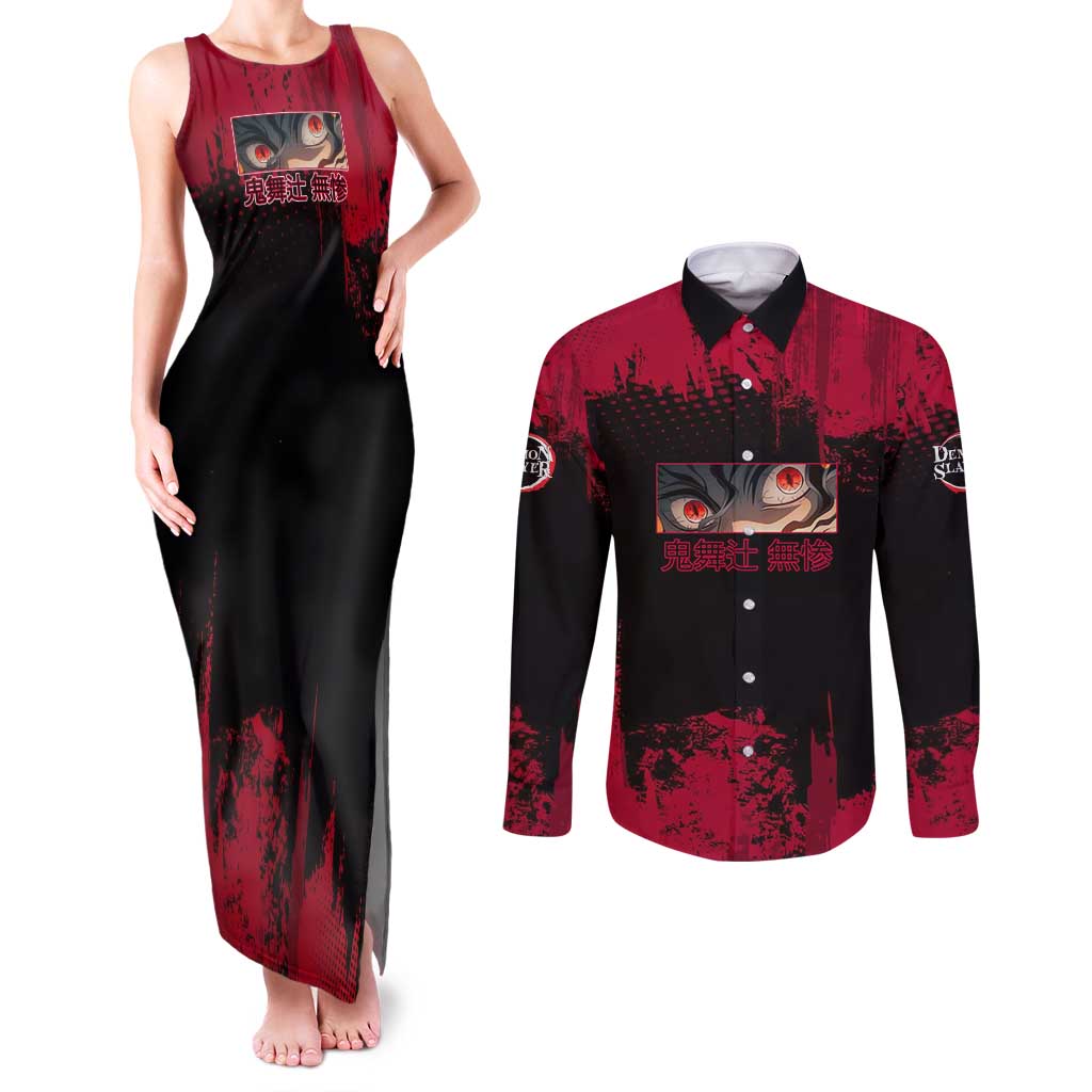 Muzan Kibutsuji Demon Slayer Red Grunge Design Couples Matching Tank Maxi Dress and Long Sleeve Button Shirt with Intense Eyes and Hat Outfit Pose - The Mazicc