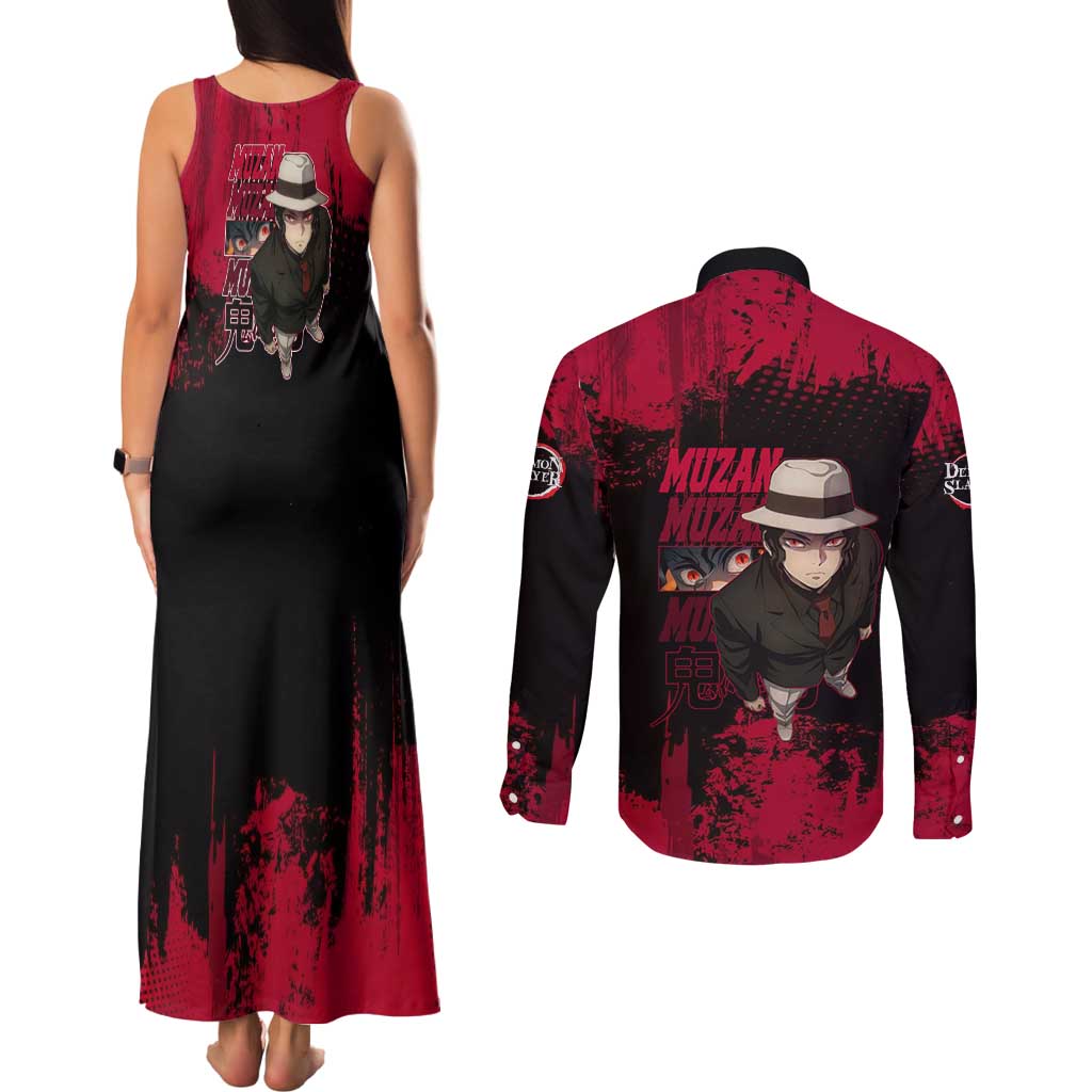 Muzan Kibutsuji Demon Slayer Red Grunge Design Couples Matching Tank Maxi Dress and Long Sleeve Button Shirt with Intense Eyes and Hat Outfit Pose - The Mazicc