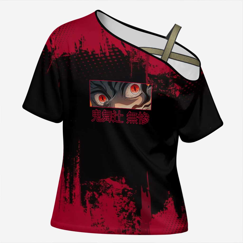 Muzan Kibutsuji Demon Slayer Red Grunge Design Cross Shoulder Shirt with Intense Eyes and Hat Outfit Pose - The Mazicc