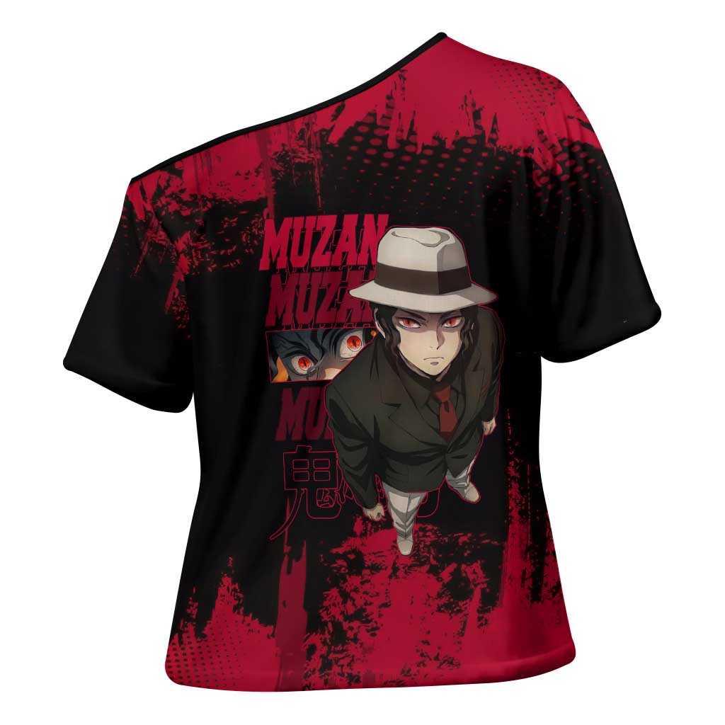 Muzan Kibutsuji Demon Slayer Red Grunge Design Cross Shoulder Shirt with Intense Eyes and Hat Outfit Pose - The Mazicc