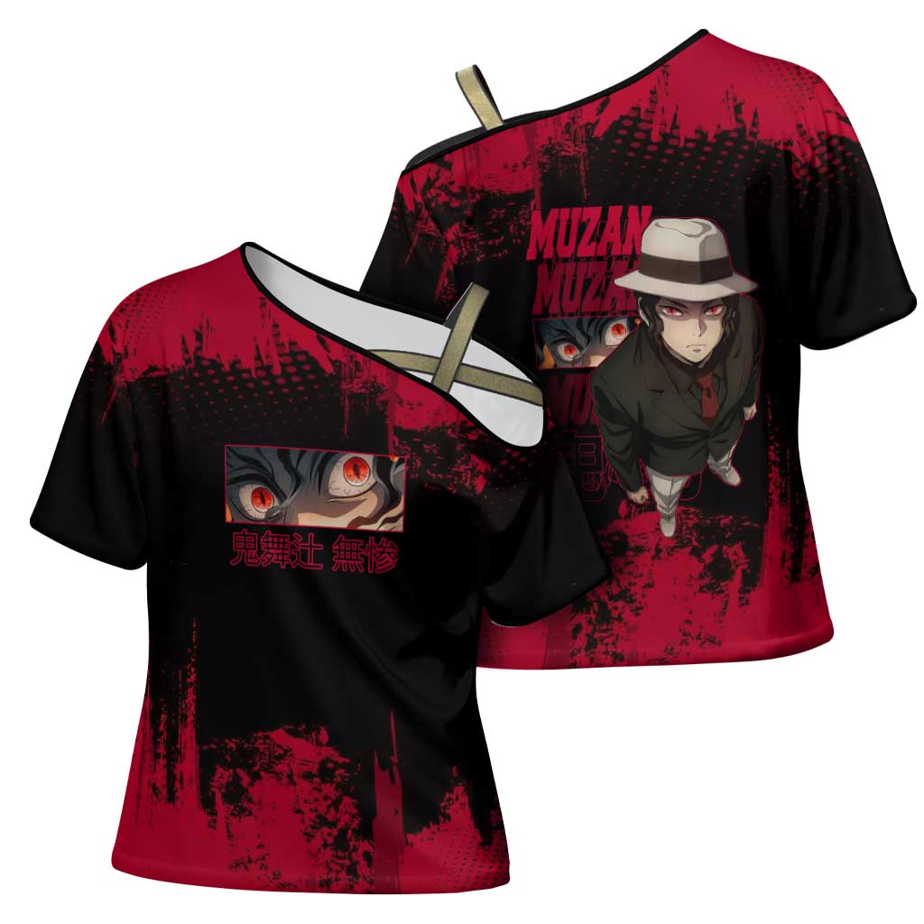 Muzan Kibutsuji Demon Slayer Red Grunge Design Cross Shoulder Shirt with Intense Eyes and Hat Outfit Pose - The Mazicc