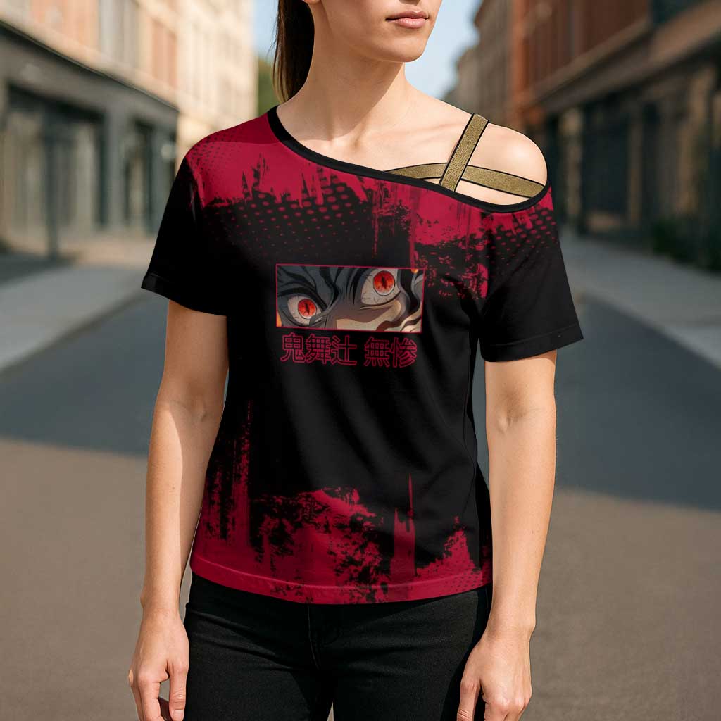 Muzan Kibutsuji Demon Slayer Red Grunge Design Cross Shoulder Shirt with Intense Eyes and Hat Outfit Pose - The Mazicc