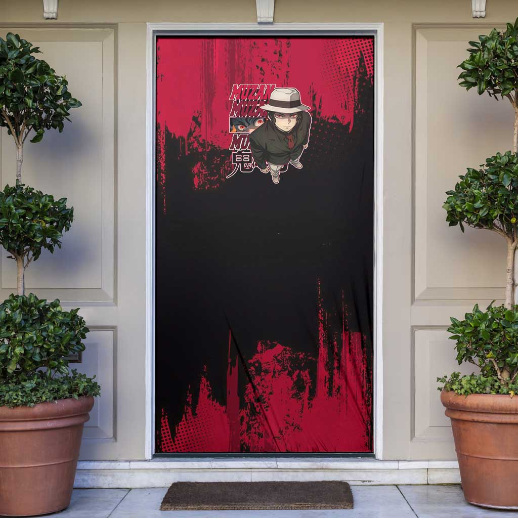 Muzan Kibutsuji Demon Slayer Red Grunge Design Door Cover with Intense Eyes and Hat Outfit Pose - The Mazicc