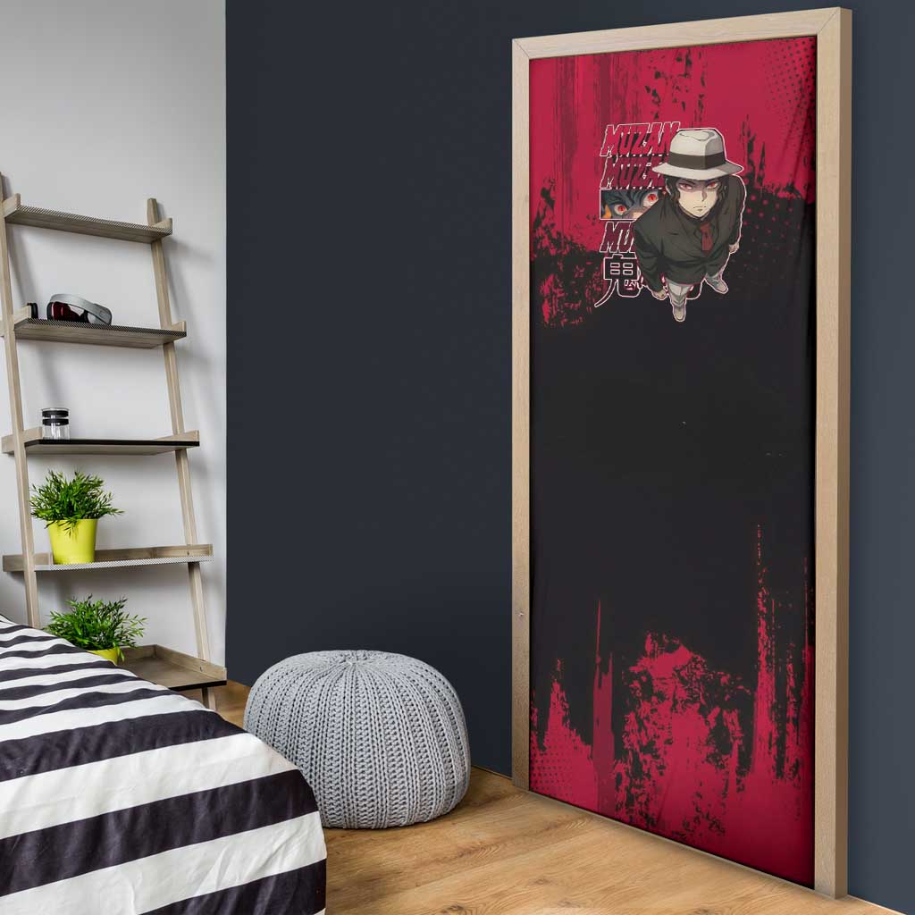 Muzan Kibutsuji Demon Slayer Red Grunge Design Door Cover with Intense Eyes and Hat Outfit Pose - The Mazicc