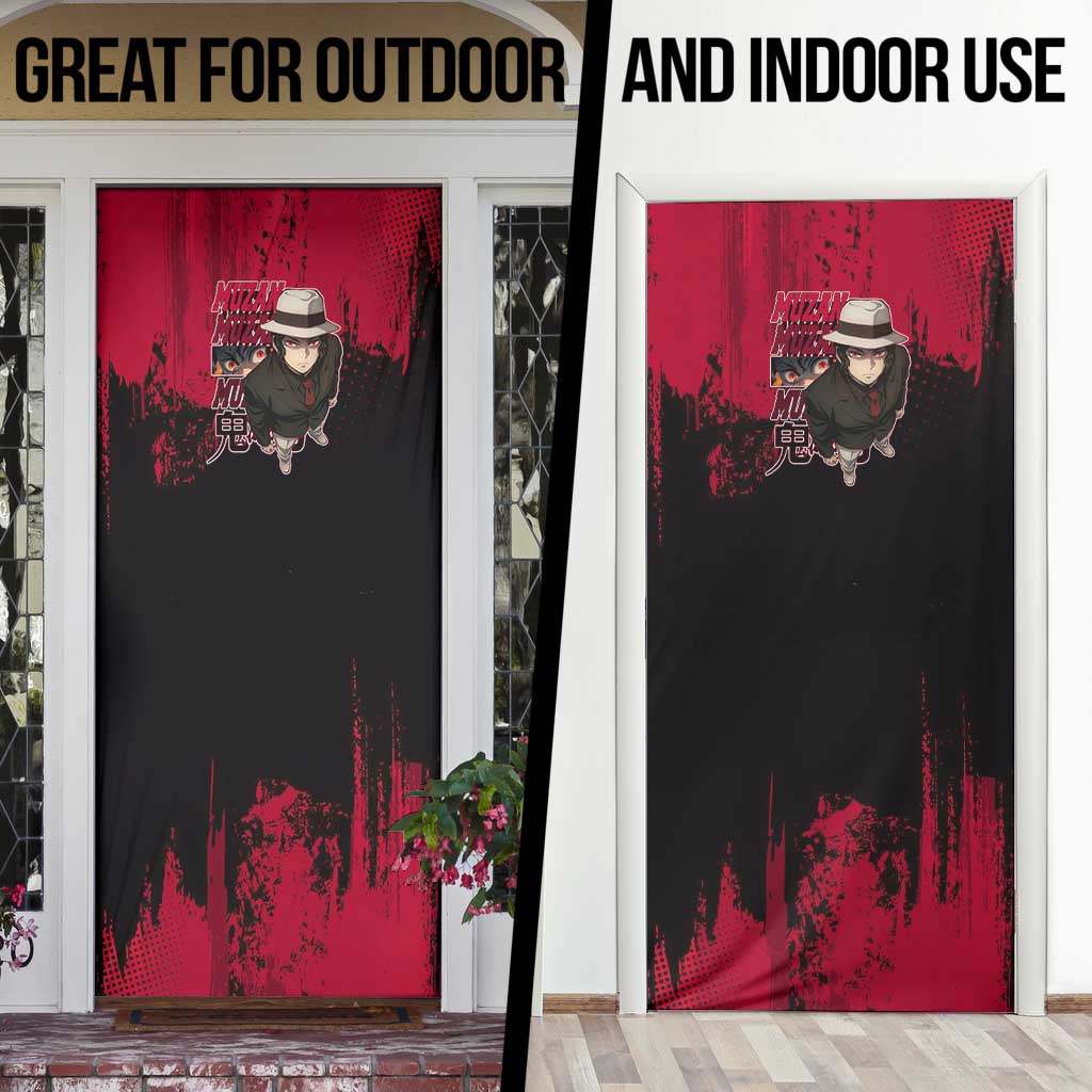 Muzan Kibutsuji Demon Slayer Red Grunge Design Door Cover with Intense Eyes and Hat Outfit Pose - The Mazicc