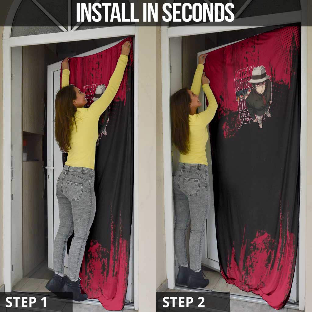 Muzan Kibutsuji Demon Slayer Red Grunge Design Door Cover with Intense Eyes and Hat Outfit Pose - The Mazicc