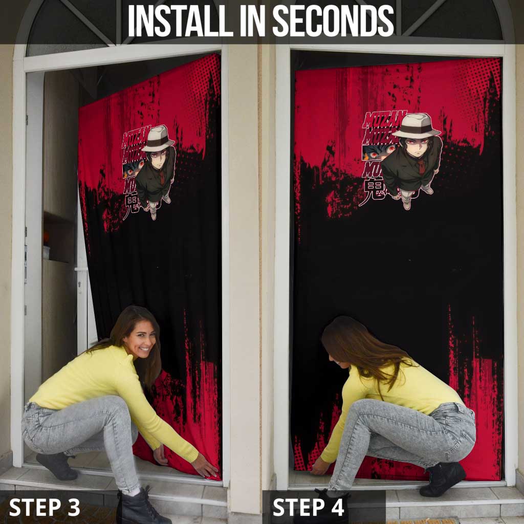 Muzan Kibutsuji Demon Slayer Red Grunge Design Door Cover with Intense Eyes and Hat Outfit Pose - The Mazicc