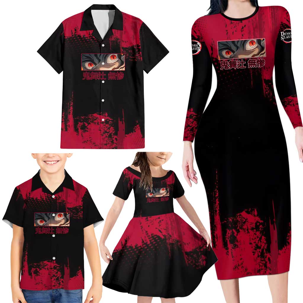 Muzan Kibutsuji Demon Slayer Red Grunge Design Family Matching Long Sleeve Bodycon Dress and Hawaiian Shirt with Intense Eyes and Hat Outfit Pose