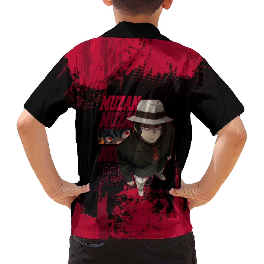 Muzan Kibutsuji Demon Slayer Red Grunge Design Family Matching Long Sleeve Bodycon Dress and Hawaiian Shirt with Intense Eyes and Hat Outfit Pose