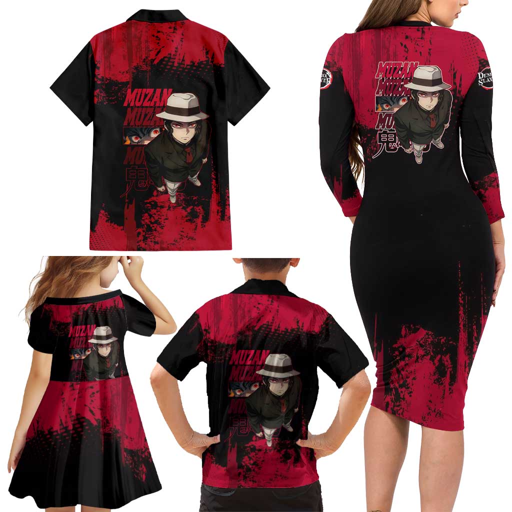 Muzan Kibutsuji Demon Slayer Red Grunge Design Family Matching Long Sleeve Bodycon Dress and Hawaiian Shirt with Intense Eyes and Hat Outfit Pose