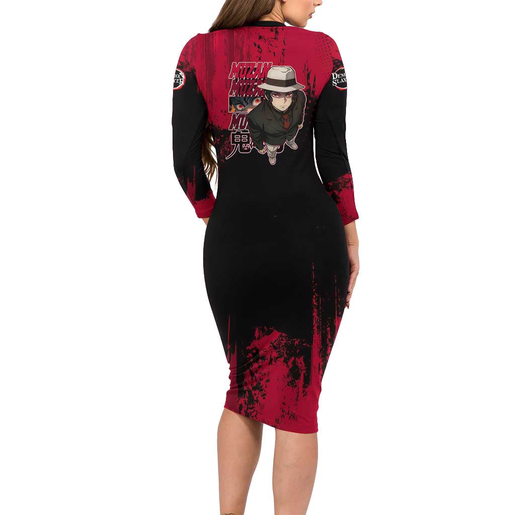 Muzan Kibutsuji Demon Slayer Red Grunge Design Family Matching Long Sleeve Bodycon Dress and Hawaiian Shirt with Intense Eyes and Hat Outfit Pose