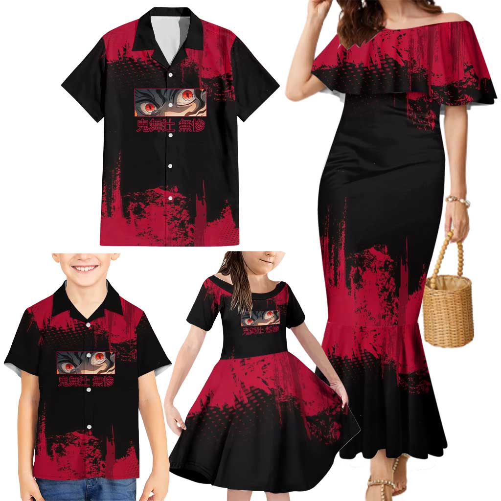 Muzan Kibutsuji Demon Slayer Red Grunge Design Family Matching Mermaid Dress and Hawaiian Shirt with Intense Eyes and Hat Outfit Pose