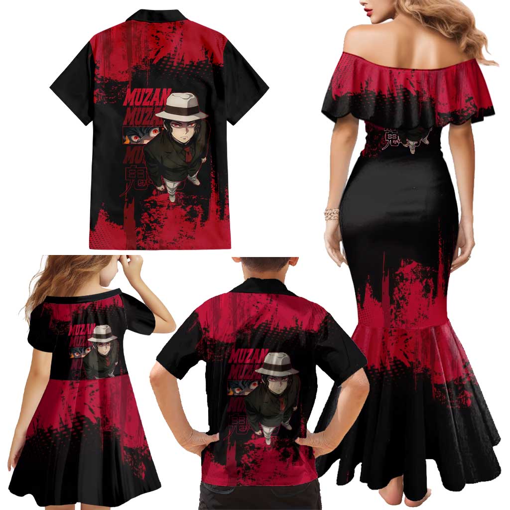Muzan Kibutsuji Demon Slayer Red Grunge Design Family Matching Mermaid Dress and Hawaiian Shirt with Intense Eyes and Hat Outfit Pose