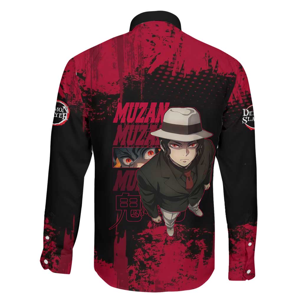 Muzan Kibutsuji Demon Slayer Red Grunge Design Family Matching Mermaid Dress and Hawaiian Shirt with Intense Eyes and Hat Outfit Pose