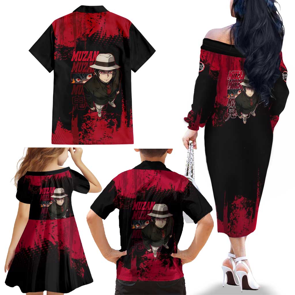 Muzan Kibutsuji Demon Slayer Red Grunge Design Family Matching Off The Shoulder Long Sleeve Dress and Hawaiian Shirt with Intense Eyes and Hat Outfit Pose