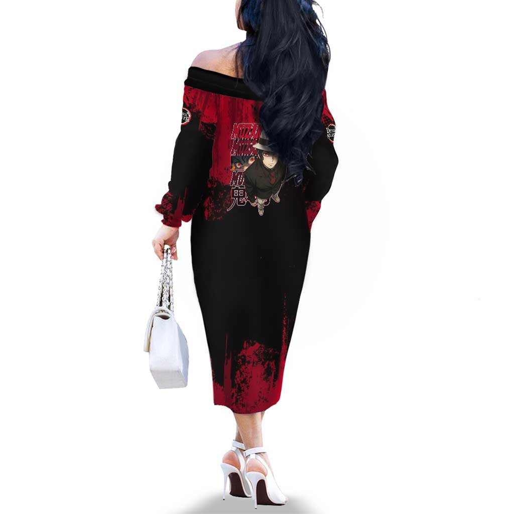 Muzan Kibutsuji Demon Slayer Red Grunge Design Family Matching Off The Shoulder Long Sleeve Dress and Hawaiian Shirt with Intense Eyes and Hat Outfit Pose