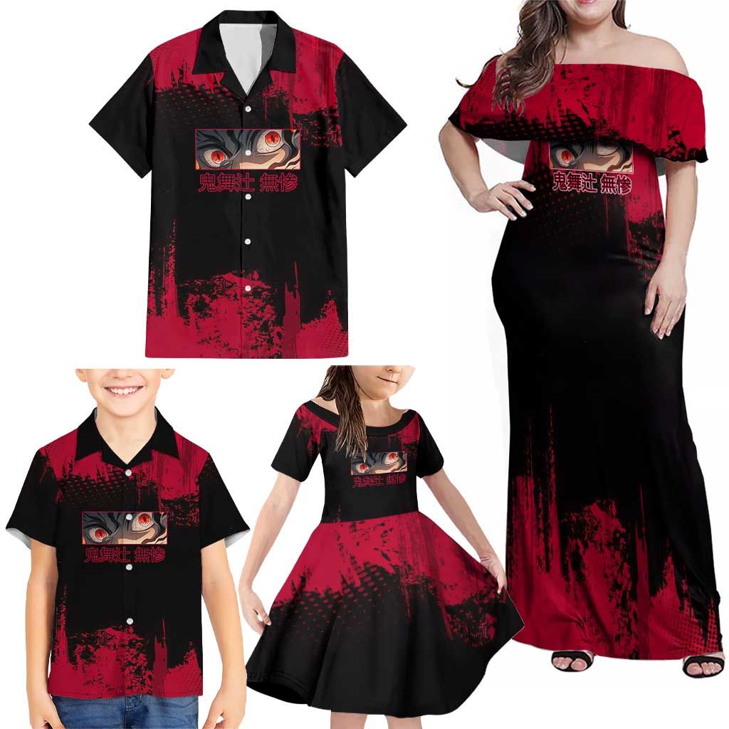 Muzan Kibutsuji Demon Slayer Red Grunge Design Family Matching Off Shoulder Maxi Dress and Hawaiian Shirt with Intense Eyes and Hat Outfit Pose