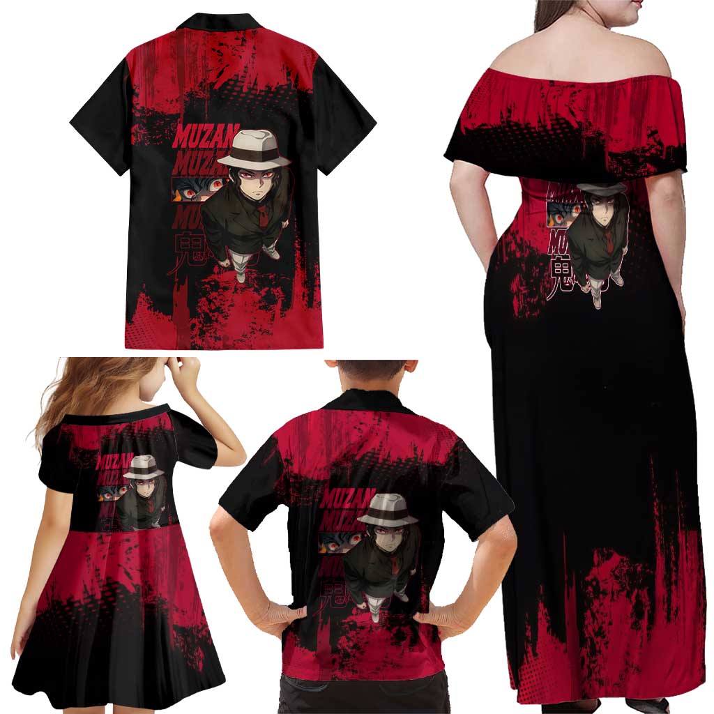 Muzan Kibutsuji Demon Slayer Red Grunge Design Family Matching Off Shoulder Maxi Dress and Hawaiian Shirt with Intense Eyes and Hat Outfit Pose