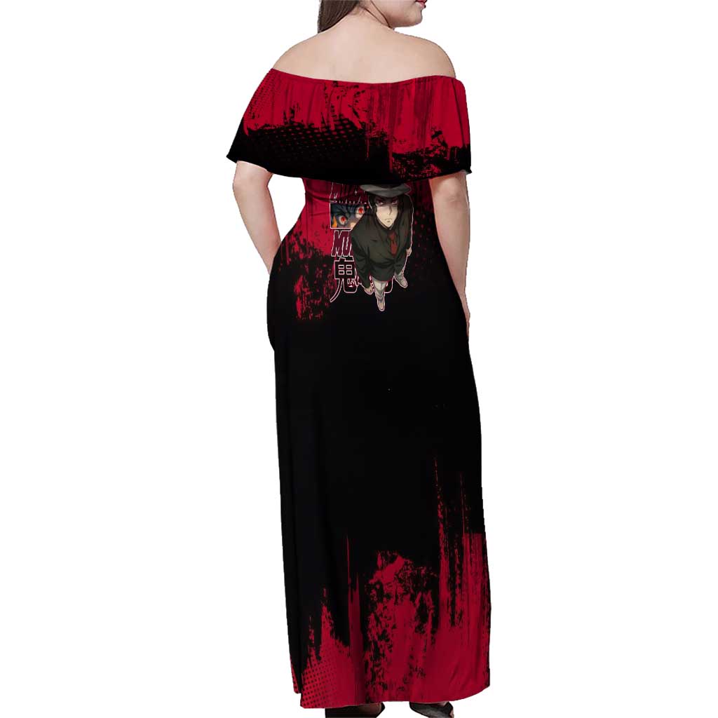 Muzan Kibutsuji Demon Slayer Red Grunge Design Family Matching Off Shoulder Maxi Dress and Hawaiian Shirt with Intense Eyes and Hat Outfit Pose