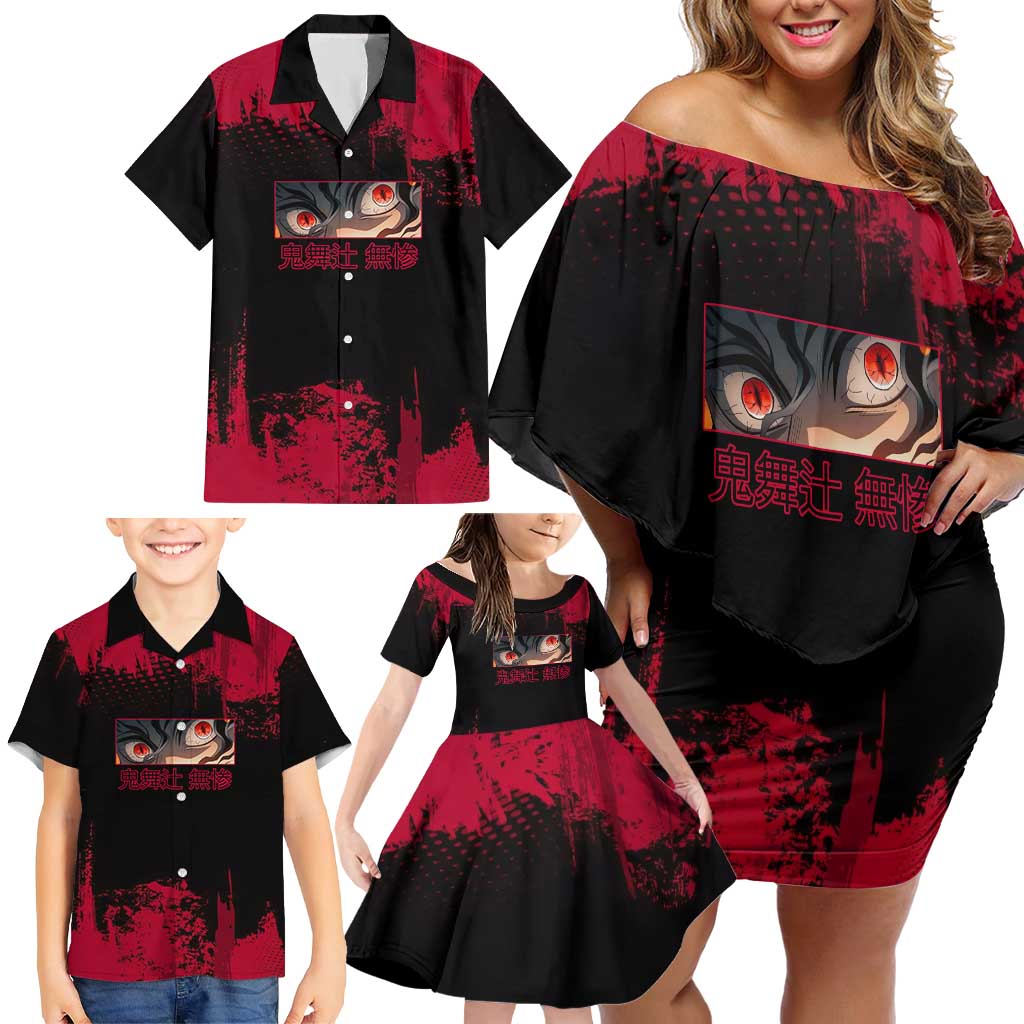 Muzan Kibutsuji Demon Slayer Red Grunge Design Family Matching Off Shoulder Short Dress and Hawaiian Shirt with Intense Eyes and Hat Outfit Pose