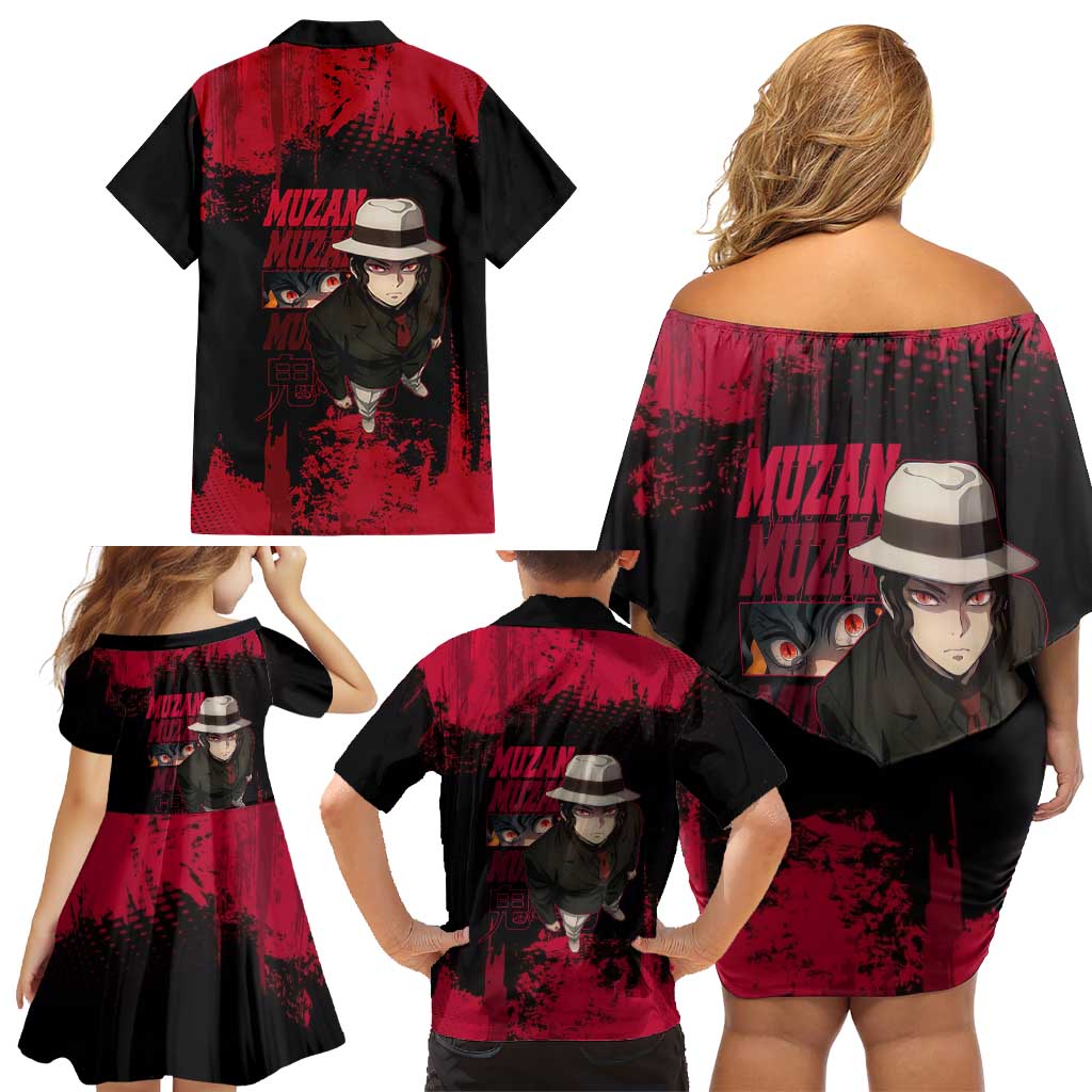 Muzan Kibutsuji Demon Slayer Red Grunge Design Family Matching Off Shoulder Short Dress and Hawaiian Shirt with Intense Eyes and Hat Outfit Pose