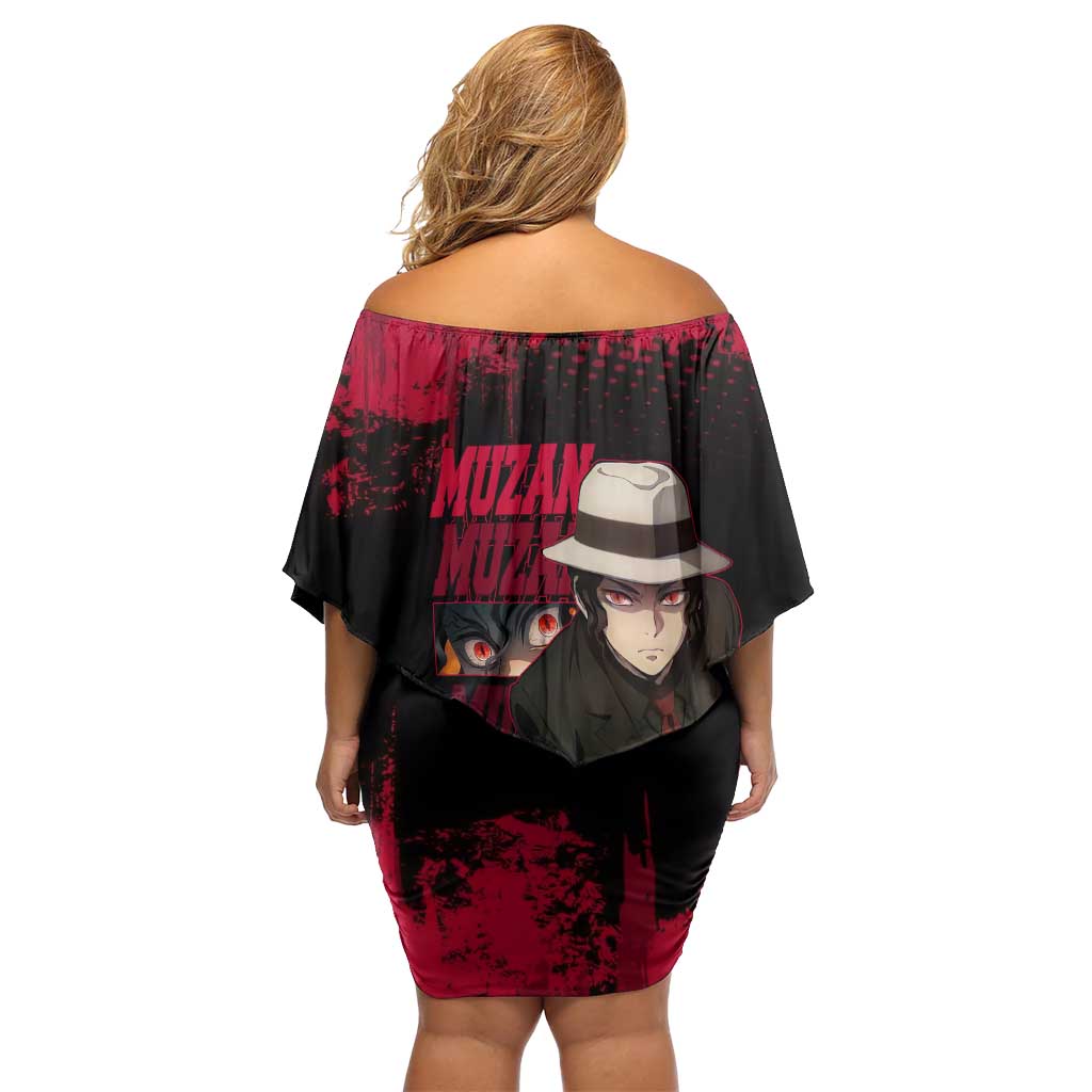 Muzan Kibutsuji Demon Slayer Red Grunge Design Family Matching Off Shoulder Short Dress and Hawaiian Shirt with Intense Eyes and Hat Outfit Pose