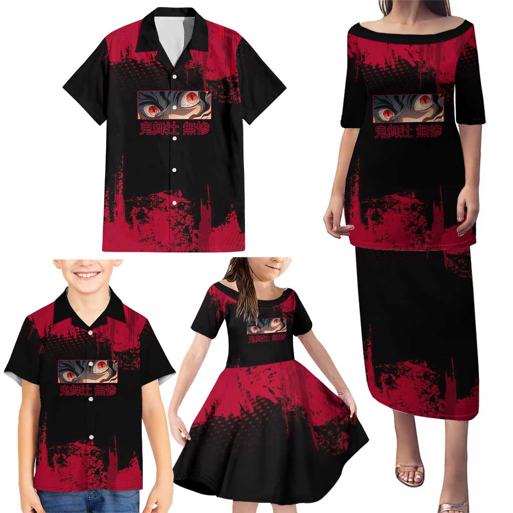 Muzan Kibutsuji Demon Slayer Red Grunge Design Family Matching Puletasi and Hawaiian Shirt with Intense Eyes and Hat Outfit Pose