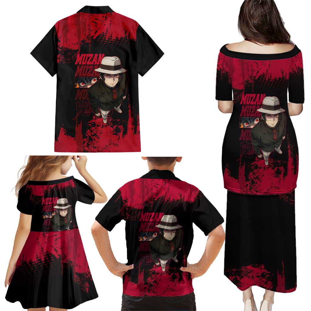 Muzan Kibutsuji Demon Slayer Red Grunge Design Family Matching Puletasi and Hawaiian Shirt with Intense Eyes and Hat Outfit Pose
