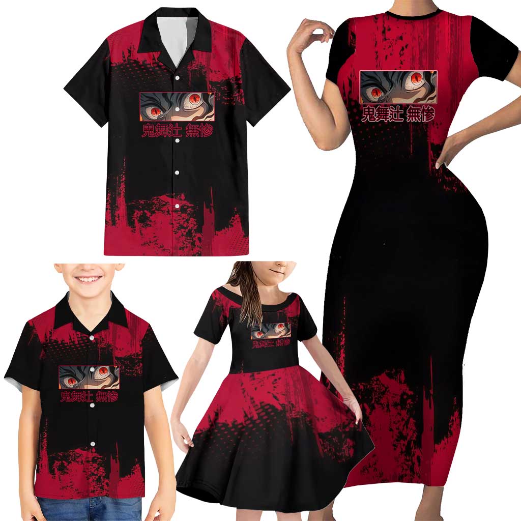 Muzan Kibutsuji Demon Slayer Red Grunge Design Family Matching Short Sleeve Bodycon Dress and Hawaiian Shirt with Intense Eyes and Hat Outfit Pose