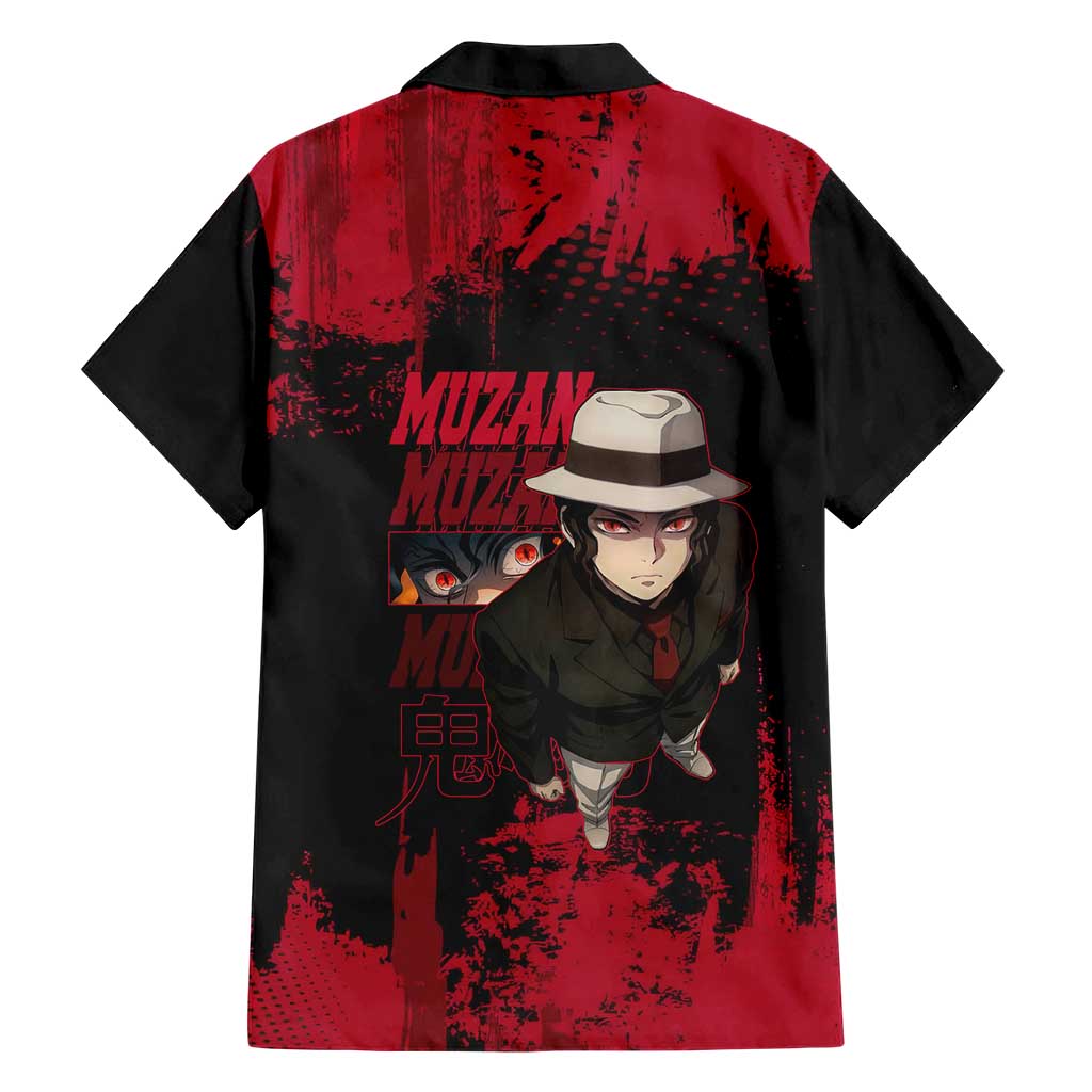Muzan Kibutsuji Demon Slayer Red Grunge Design Family Matching Short Sleeve Bodycon Dress and Hawaiian Shirt with Intense Eyes and Hat Outfit Pose