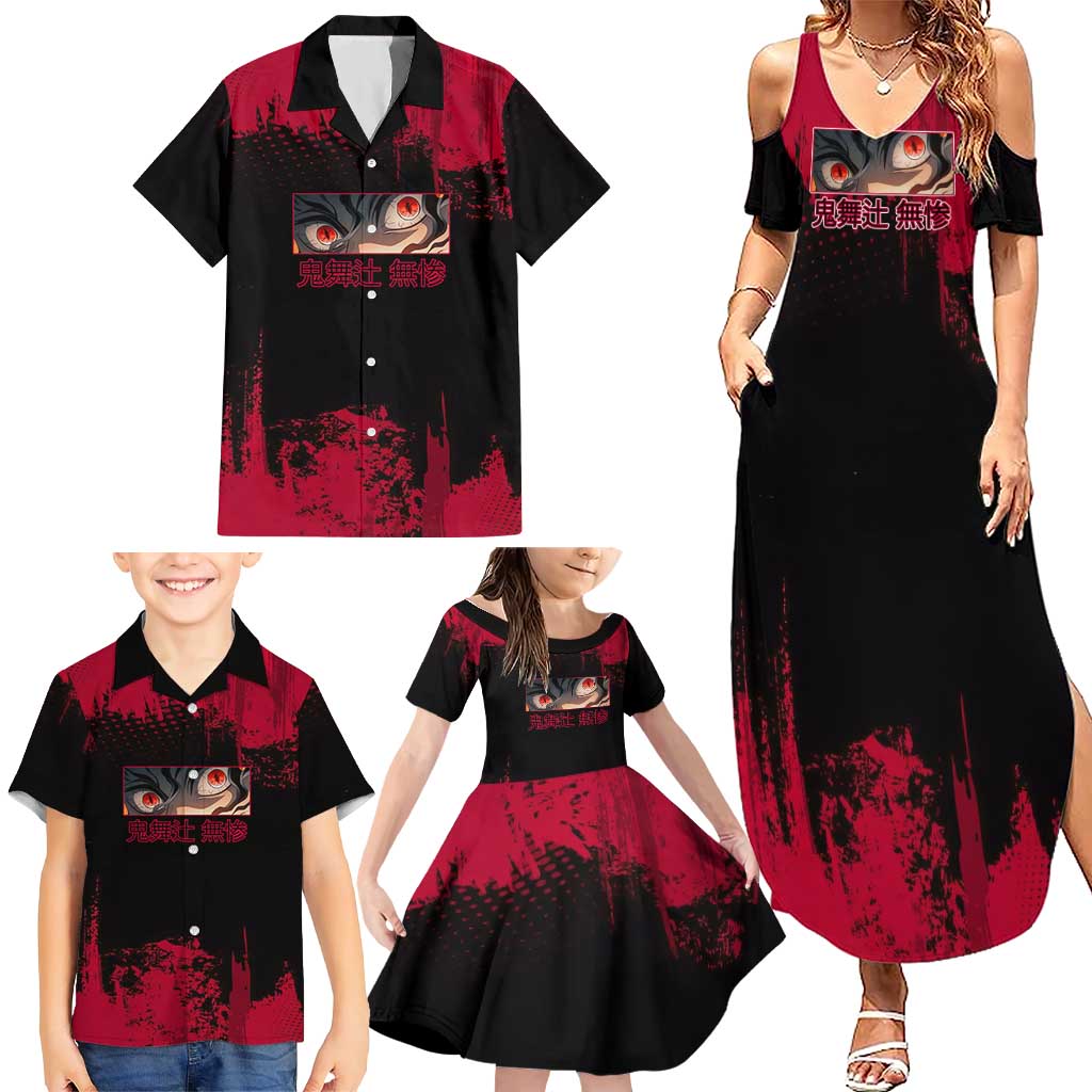 Muzan Kibutsuji Demon Slayer Red Grunge Design Family Matching Summer Maxi Dress and Hawaiian Shirt with Intense Eyes and Hat Outfit Pose