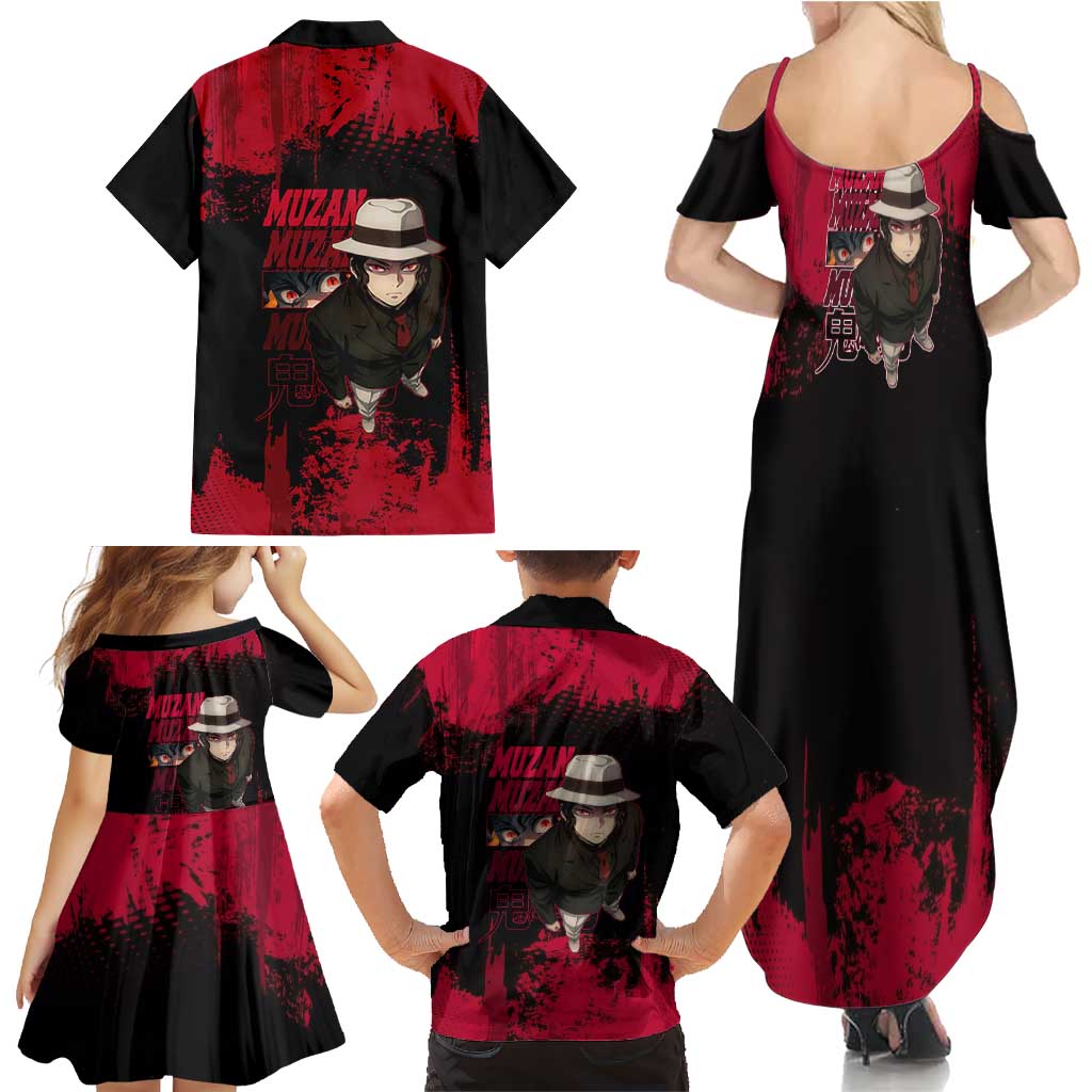 Muzan Kibutsuji Demon Slayer Red Grunge Design Family Matching Summer Maxi Dress and Hawaiian Shirt with Intense Eyes and Hat Outfit Pose