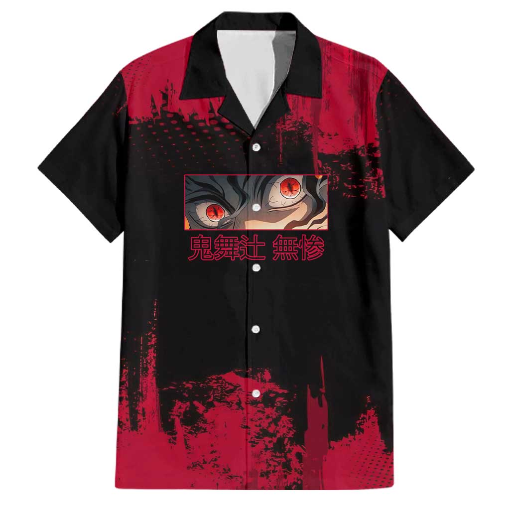 Muzan Kibutsuji Demon Slayer Red Grunge Design Family Matching Summer Maxi Dress and Hawaiian Shirt with Intense Eyes and Hat Outfit Pose