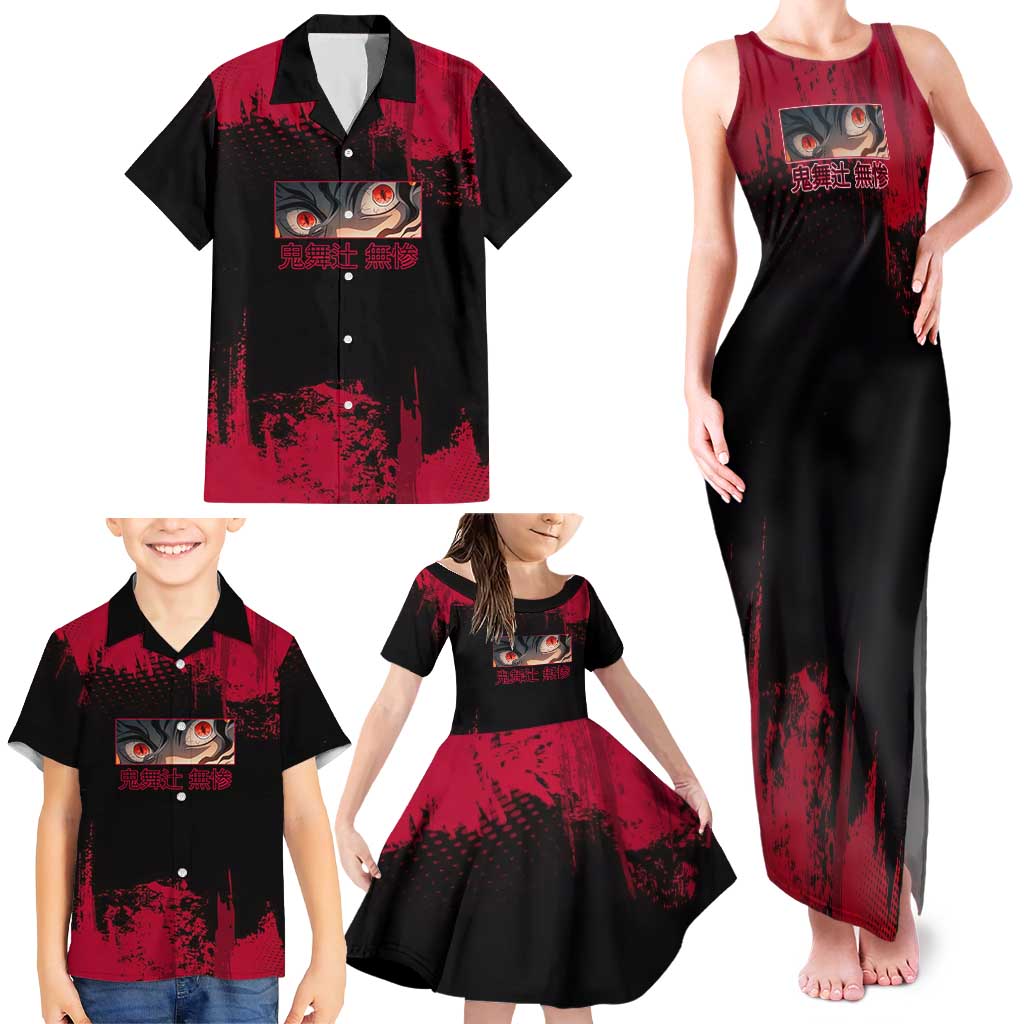 Muzan Kibutsuji Demon Slayer Red Grunge Design Family Matching Tank Maxi Dress and Hawaiian Shirt with Intense Eyes and Hat Outfit Pose