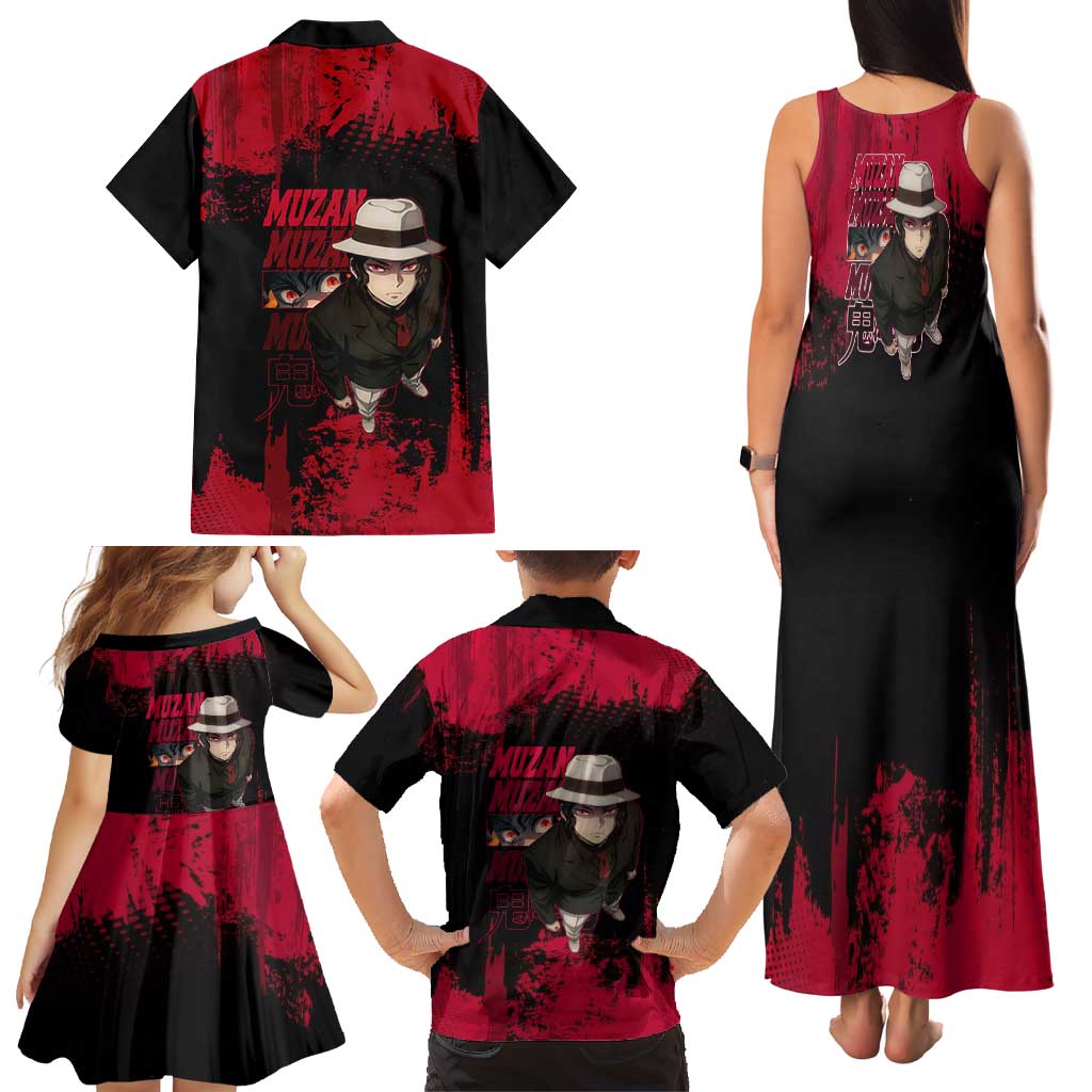 Muzan Kibutsuji Demon Slayer Red Grunge Design Family Matching Tank Maxi Dress and Hawaiian Shirt with Intense Eyes and Hat Outfit Pose