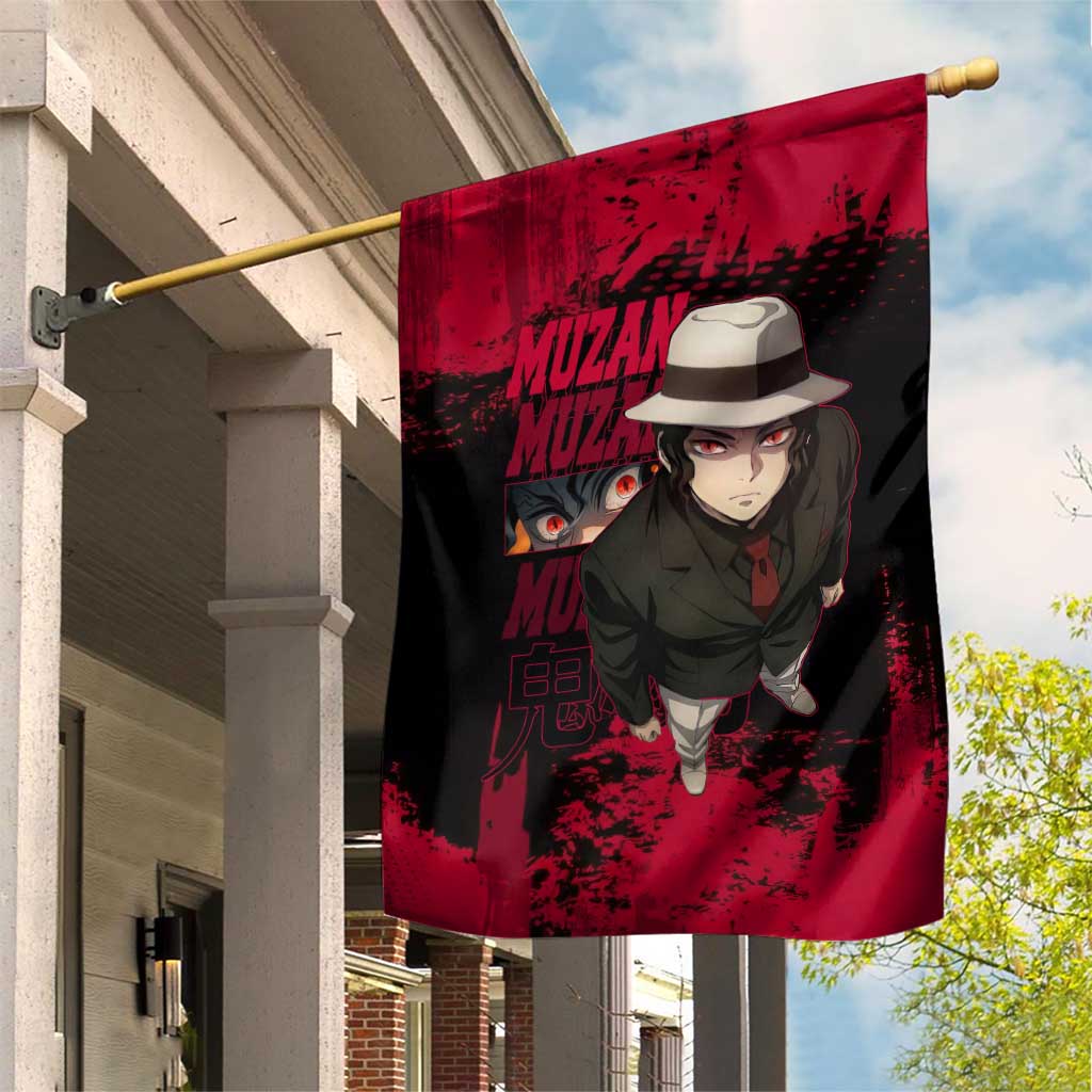 Muzan Kibutsuji Demon Slayer Red Grunge Design Garden Flag with Intense Eyes and Hat Outfit Pose - The Mazicc