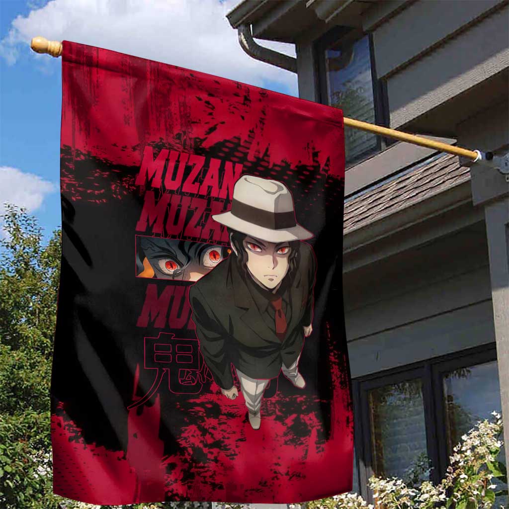 Muzan Kibutsuji Demon Slayer Red Grunge Design Garden Flag with Intense Eyes and Hat Outfit Pose - The Mazicc