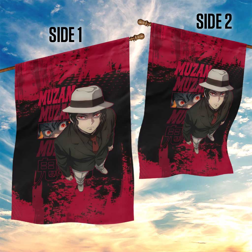 Muzan Kibutsuji Demon Slayer Red Grunge Design Garden Flag with Intense Eyes and Hat Outfit Pose - The Mazicc