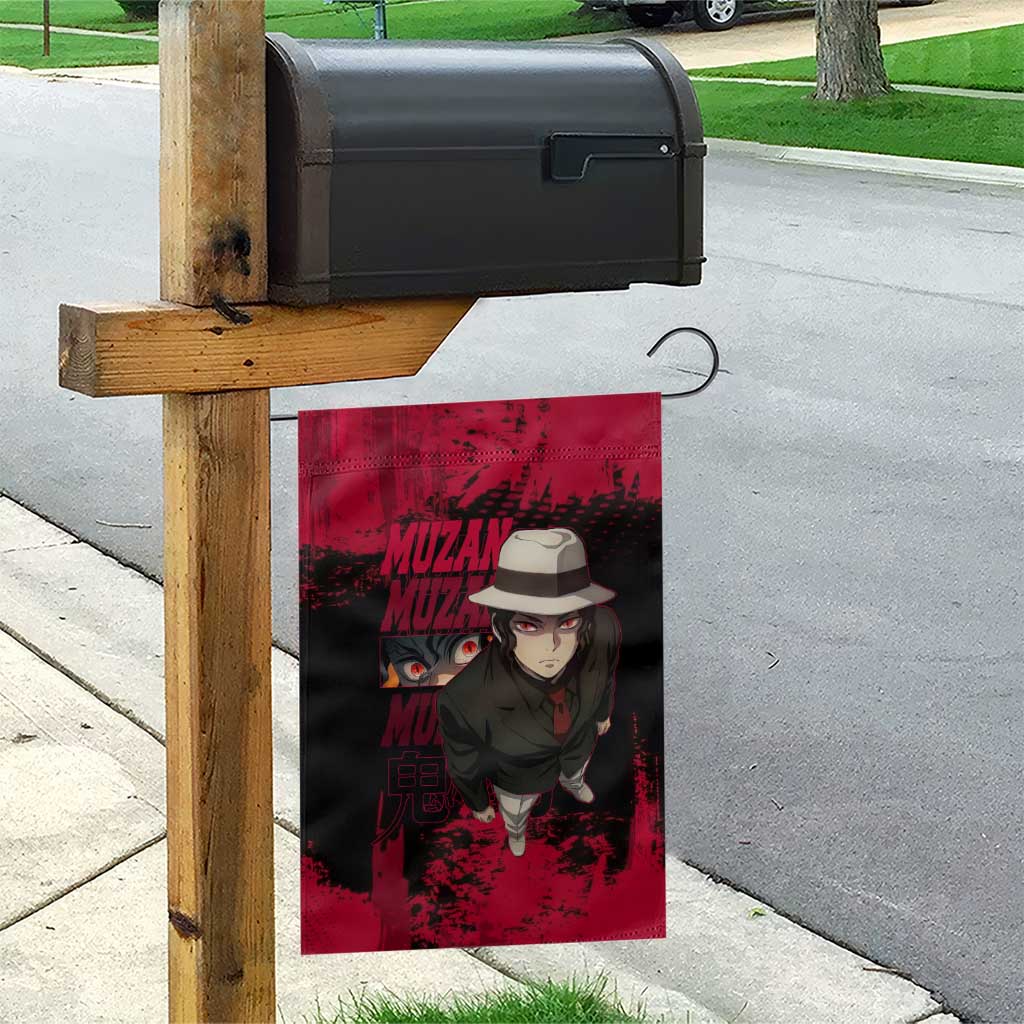 Muzan Kibutsuji Demon Slayer Red Grunge Design Garden Flag with Intense Eyes and Hat Outfit Pose - The Mazicc
