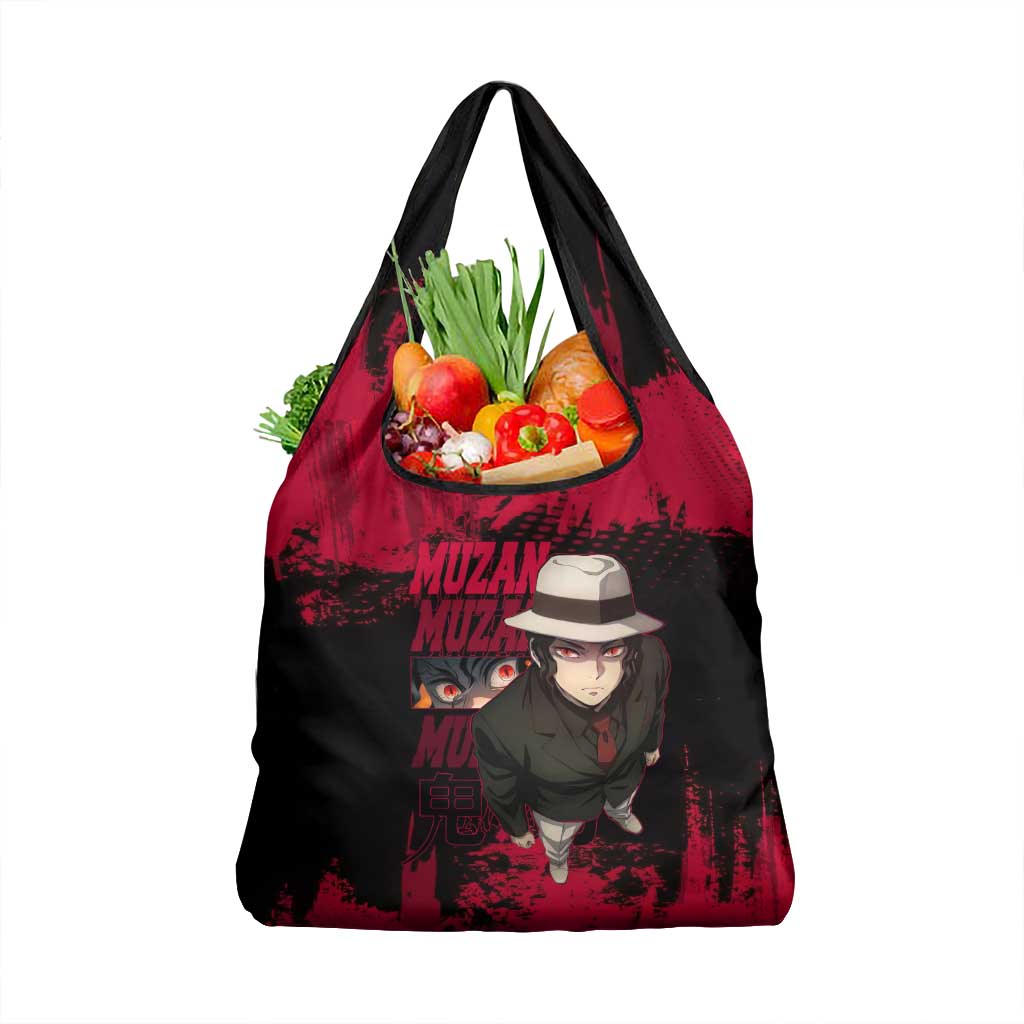Muzan Kibutsuji Demon Slayer Red Grunge Design Grocery Bag with Intense Eyes and Hat Outfit Pose - The Mazicc