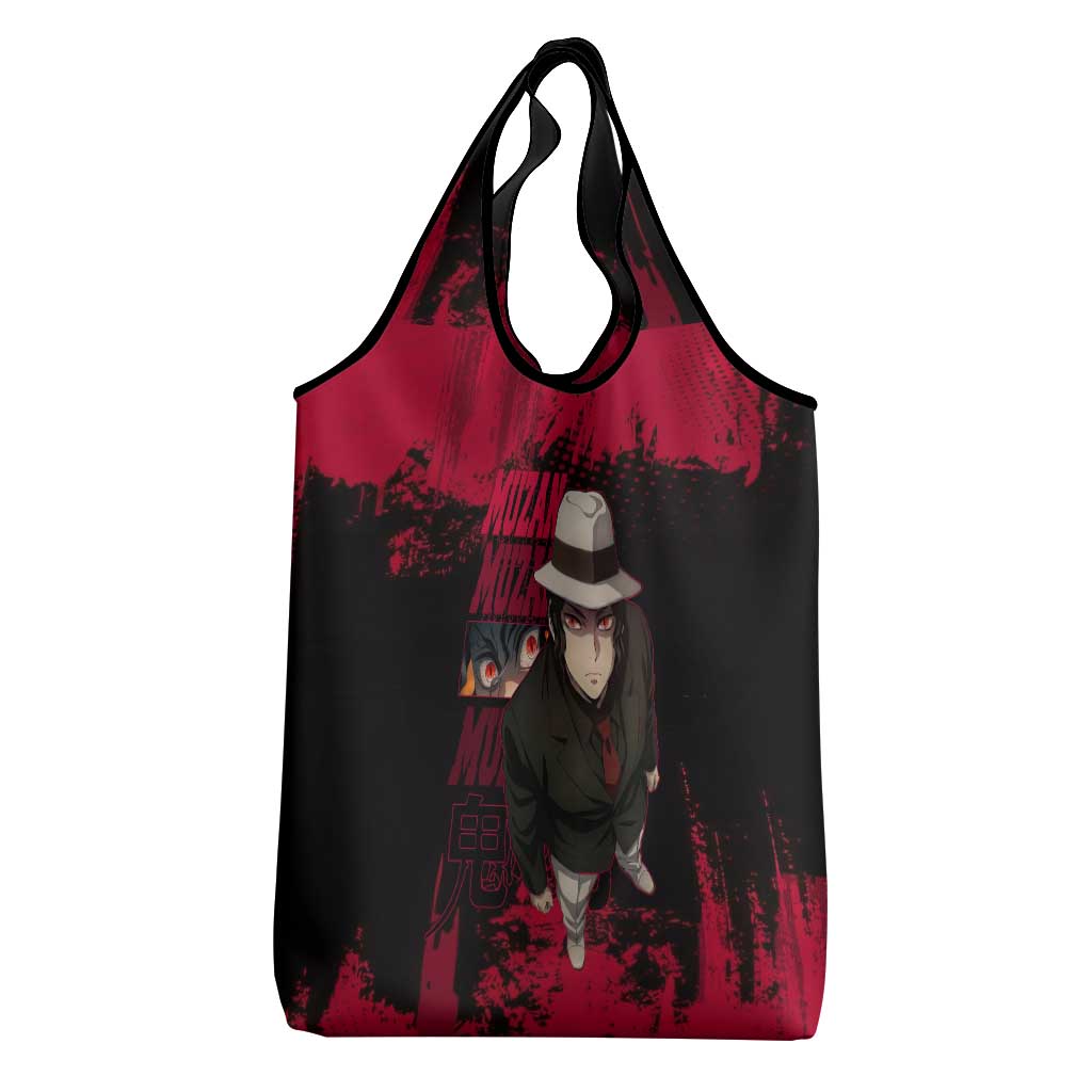 Muzan Kibutsuji Demon Slayer Red Grunge Design Grocery Bag with Intense Eyes and Hat Outfit Pose - The Mazicc