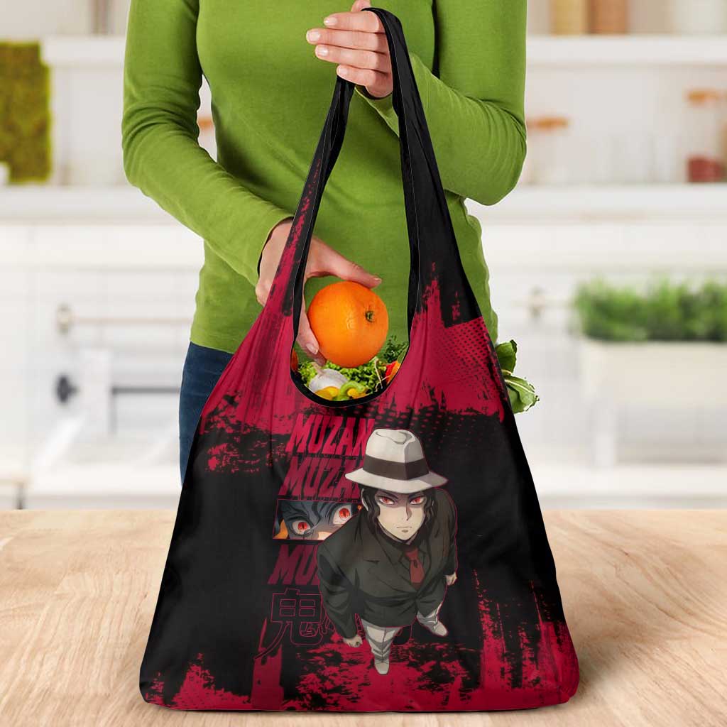 Muzan Kibutsuji Demon Slayer Red Grunge Design Grocery Bag with Intense Eyes and Hat Outfit Pose - The Mazicc