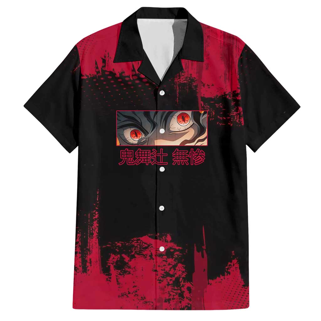 Muzan Kibutsuji Demon Slayer Red Grunge Design Hawaiian Shirt with Intense Eyes and Hat Outfit Pose - The Mazicc