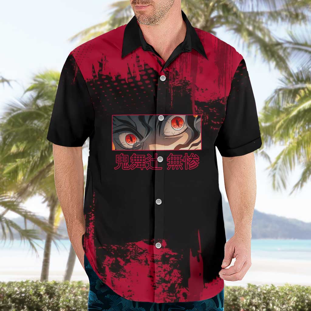 Muzan Kibutsuji Demon Slayer Red Grunge Design Hawaiian Shirt with Intense Eyes and Hat Outfit Pose - The Mazicc