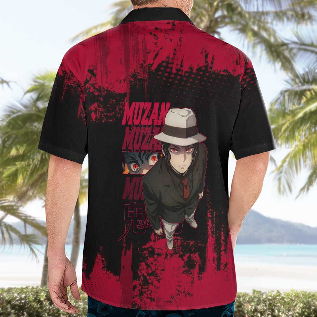Muzan Kibutsuji Demon Slayer Red Grunge Design Hawaiian Shirt with Intense Eyes and Hat Outfit Pose - The Mazicc