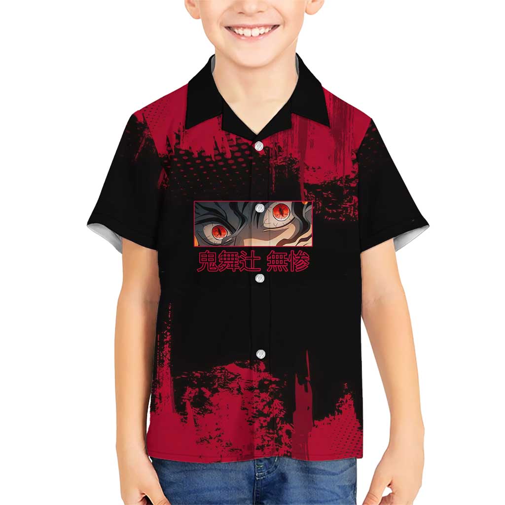 Muzan Kibutsuji Demon Slayer Red Grunge Design Hawaiian Shirt with Intense Eyes and Hat Outfit Pose - The Mazicc