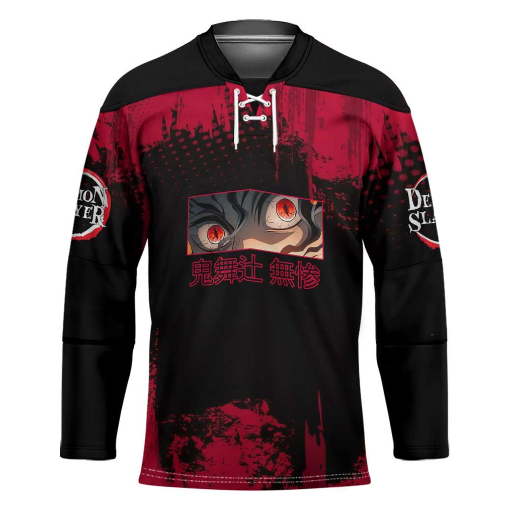 Muzan Kibutsuji Demon Slayer Red Grunge Design Hockey Jersey with Intense Eyes and Hat Outfit Pose - The Mazicc